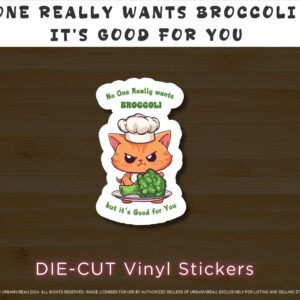 Grumpy Chef Cat Sticker | Funny Broccoli Vinyl Sticker | Cute Die-Cut Decal for Laptops, Water Bottles & Journals | Food Humor Gift