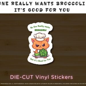 Grumpy Chef Cat Sticker | Funny Broccoli Vinyl Sticker | Cute Die-Cut Decal for Laptops, Water Bottles & Journals | Food Humor Gift