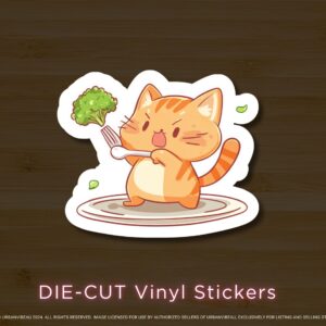 Cute Angry Cat Sticker | Funny Kawaii Cat Rejecting Broccoli | Food Humor Vinyl Sticker