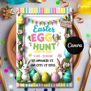 Easter Egg Hunt Invitation, Easter Bunny Invitation, Easter Party Invite, Editable Canva Template