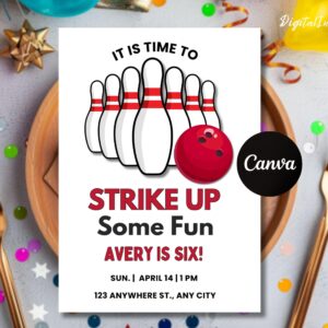Editable Bowling Birthday Invitation, Glow Bowling Invitation, Neon Bowling Party, Boy Bowling Invite, Glow Invite, Strike Up Some Fun