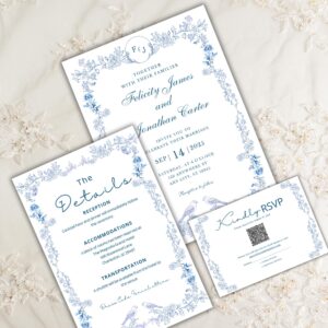 Dusty Blue Toile de Jouy Wedding Invitation Set | Editable Chinoiserie Wedding Suite with RSVP QR Code