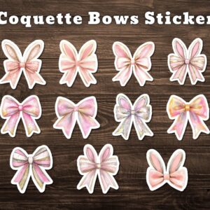 Coquette Bow Sticker Pack, Bunny Ears Soft Aesthetic Pink Stickers, Waterproof & Laminated Vinyl Stickers for Journals, Laptops and Planners