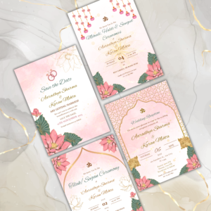 Set of pastel pink wedding invitation templates with gold accents and floral elements, showcasing various pre-wedding and wedding ceremonies.