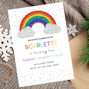 Editable rainbow birthday invitation for girls with gold and silver glitter details