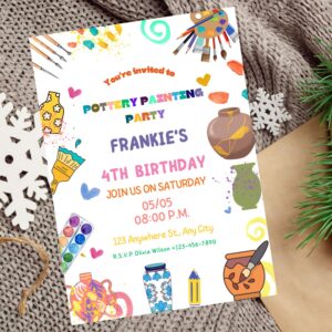 Editable pottery painting birthday invitation with rainbow paint theme.
