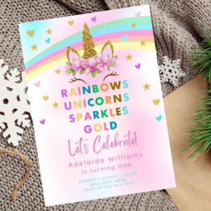 Editable unicorn rainbow birthday invitation with gold accents and sparkles.