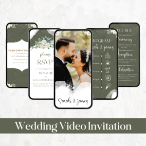 Editable animated wedding video invitation template featuring a green floral design with bride and groom photo on a smartphone screen.