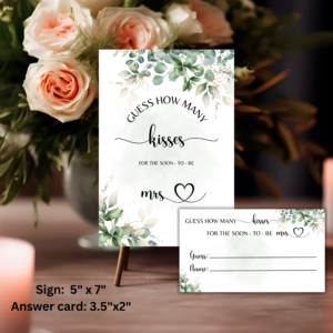 Printable 'Guess How Many Kisses' bridal shower game with floral greenery sign and matching guess cards, styled on a romantic table with roses and candles