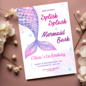 Pastel mermaid birthday invitation with sea life elements and ocean theme, perfect for girls' under the sea party, editable in Canva.