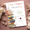 “Book-themed bridal shower invitation featuring elegant typography and storybook design elements, editable Canva template with vintage and literary touches.”