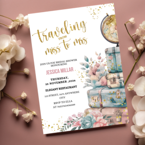 “Editable Canva bridal shower invitation with travel theme, featuring airplane icons, passport accents, and ‘From Miss to Mrs’ wording for a destination or travel-themed celebration.”