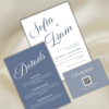 “Dusty blue minimalist wedding invitation suite featuring RSVP card with QR code, editable Canva templates, and elegant floral accents for modern weddings.”