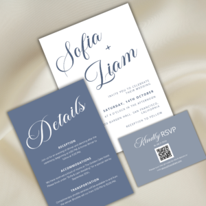 “Dusty blue minimalist wedding invitation suite featuring RSVP card with QR code, editable Canva templates, and elegant floral accents for modern weddings.”