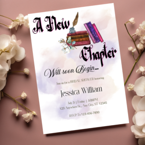 “Book themed bridal shower invitation with storybook-inspired layout, floral accents, and ‘A New Chapter Begins’ text—editable Canva template.”