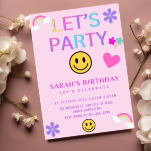 “Preppy smile face birthday invitation with pink and yellow happy face graphics, stars, and bold ‘Let’s Celebrate’ text – Canva editable template.”