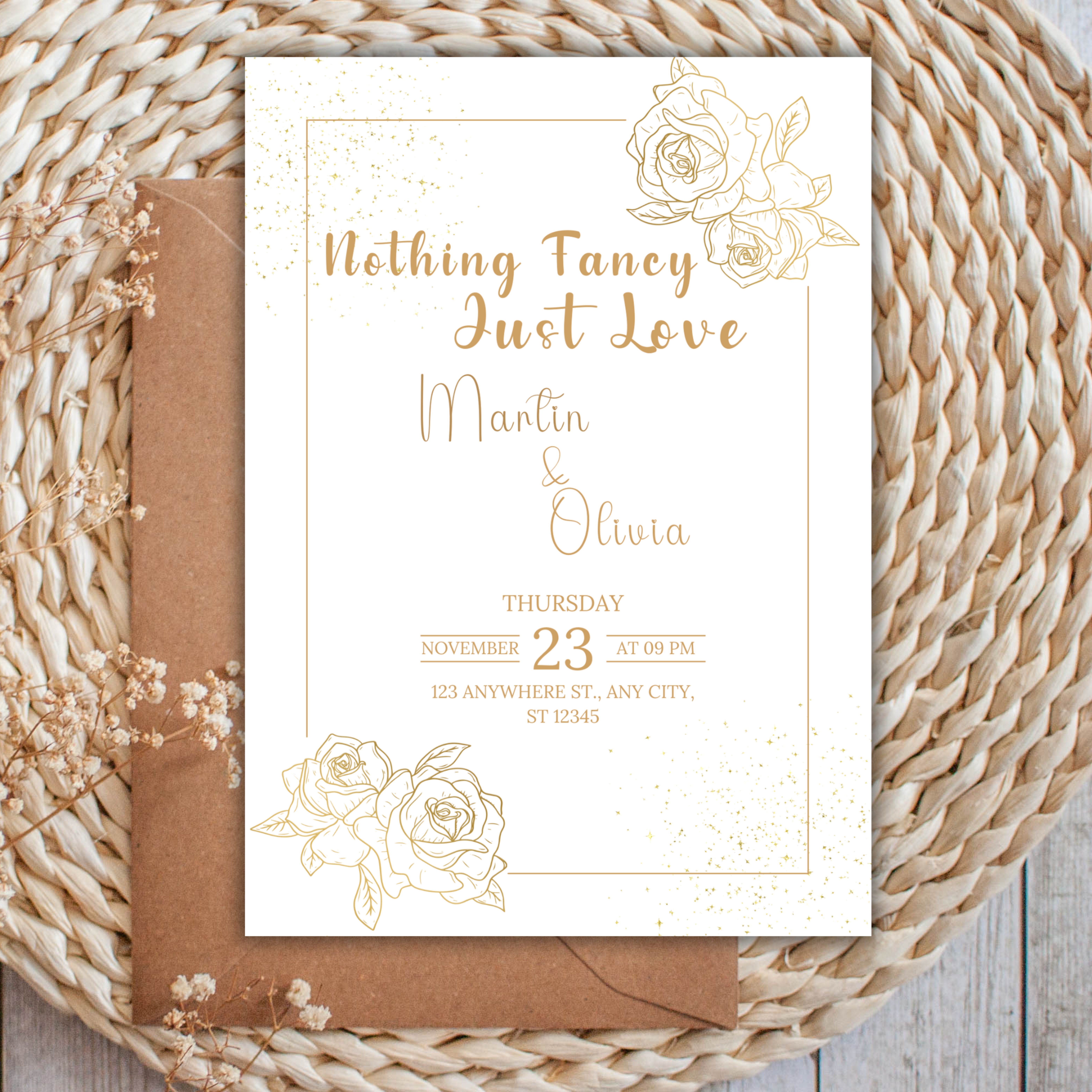 Minimalist courthouse wedding invitation template with the phrase “Nothing Fancy Just Love” in elegant script, editable via Canva with text customization on