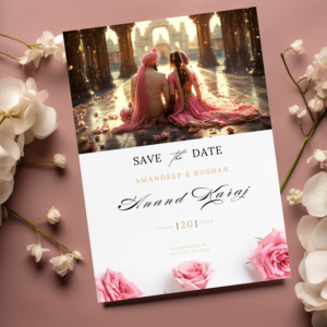 Traditional Indian wedding invitation template for a Sikh Anand Karaj ceremony, featuring cultural design elements with customizable text via Canva.