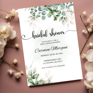 Eucalyptus greenery bridal shower invitation template with soft botanical illustrations and editable text for names and event details in Canva.