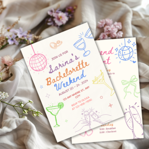Colorful bachelorette weekend itinerary template with funky doodles and editable event schedule, designed in Canva for hens party planning.