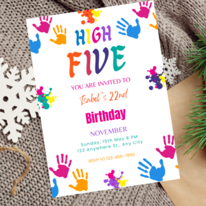 Editable high five-themed birthday invitation with bold colors.