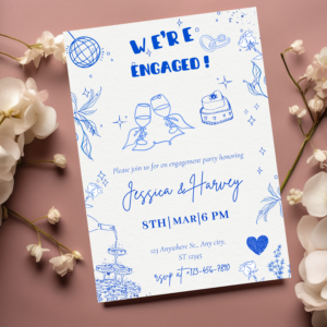 Hand-drawn engagement party invitation template with playful scribble illustrations and editable text in Canva, designed in black and white with modern layout.