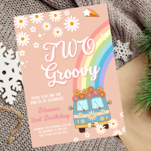 Editable “TWO Groovy” birthday invitation with pink and peach retro design.