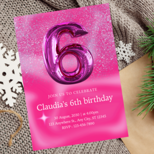 Glittery sixth birthday party template in soft pink hues.