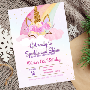 Pastel unicorn birthday invitation with rainbow and stars design.