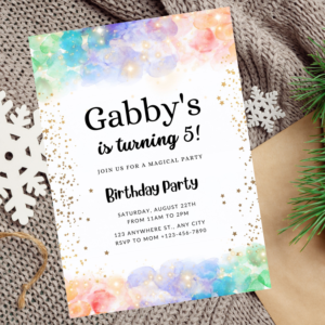 Editable rainbow birthday invitation with watercolor splashes and gold glitter.
