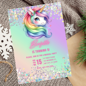 Editable unicorn birthday invitation with rainbow colors and glitter effect
