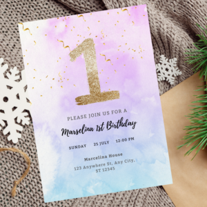 Editable 1st birthday invitation with pastel rainbow watercolor and gold sprinkles.