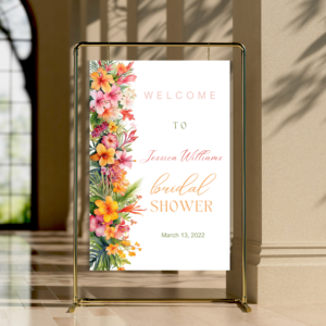 “Editable tropical bridal shower welcome sign with pink hibiscus flowers”