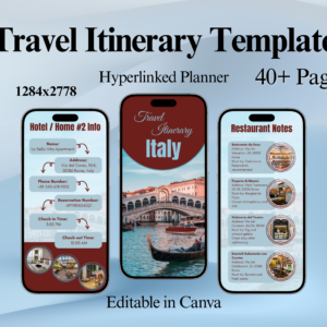 Italy Travel Itinerary Template – 40+ Page Hyperlinked Digital Planner (Editable in Canva)