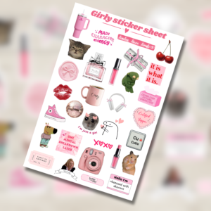 Girly sticker sheet with 25+ pink-themed kiss-cut stickers on a 4x6 inch sheet. Includes aesthetic icons like perfume, headphones, lip balm, hamster, and playful quotes in pink, displayed on a light wood background.