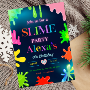 Editable slime birthday invitation with neon and glow-in-the-dark theme.