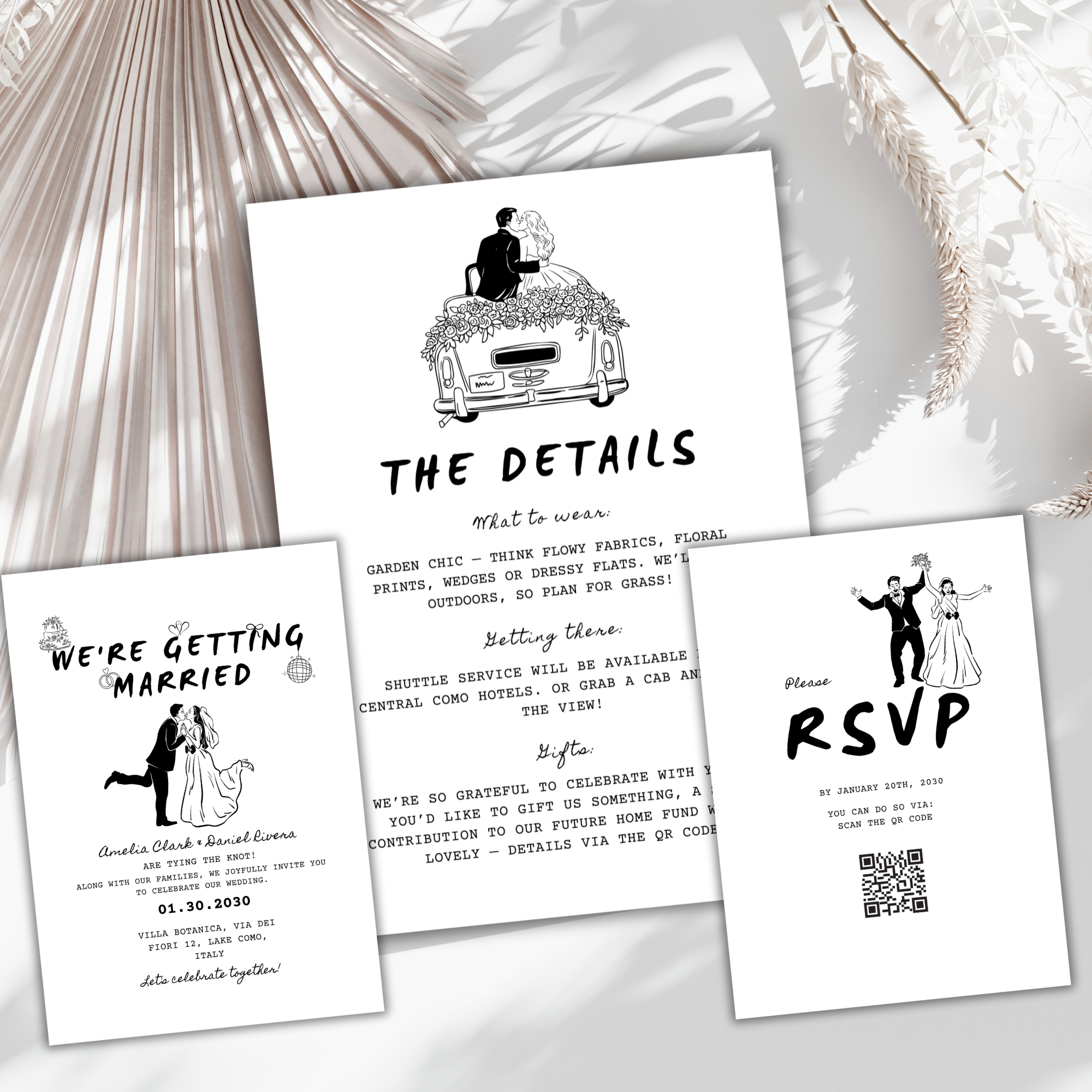 “Modern black and white minimalist wedding invitation bundle”