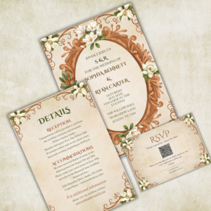 “Vintage magnolia wedding invitation set with RSVP and details card”