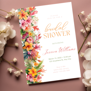 “Editable tropical bridal shower invitation with pink hibiscus flowers”