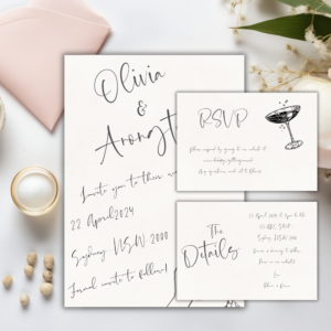 “Editable hand drawn wedding invitation suite with champagne toast illustration”