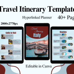 Italy Travel Itinerary Template – 40+ Page Hyperlinked Digital Planner (Editable in Canva)