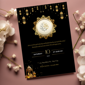“Editable Eid Mubarak invitation with Islamic moon design”