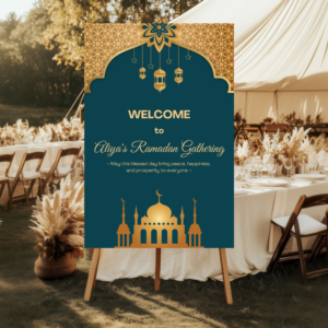 "Editable Ramadan Iftar party welcome sign with Islamic design"