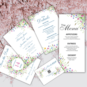 “Editable Canva wedding invitation with spring garden theme”