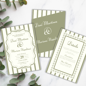 Printable sage green striped wedding invitation suite with editable text in Canva – includes Save the Date, Invitation, and Details card templates