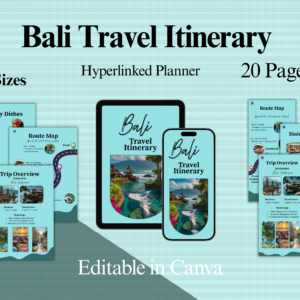 Tablet and phone mockups showing editable Bali travel itinerary with maps, food guides, and trip overviews.