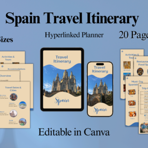 Spain Travel Itinerary shown on tablet and phone screens with editable trip sections for food, cities, and accommodations.