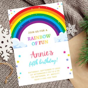 Editable rainbow birthday invitation with playful, colorful design.