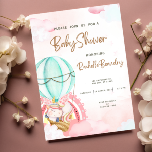 Pastel unicorn baby shower invitation template with rainbow and stars, editable in Canva, ideal for girl baby sprinkle or shower.