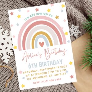 Editable girls' rainbow birthday invitation with gold star details and boho design.